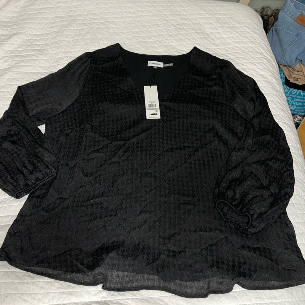 Calvin Klein lined Black Textured Blouse houndstooth check new with tag 1X